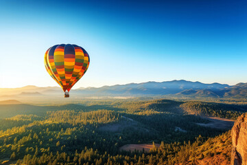Flight in a colorful hot air balloon over quiet forest and mountainous horizon at sunrise.