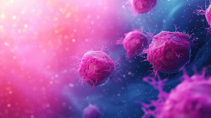 close-up, blood molecules,breast cancer virus abstraction,pink and blue background