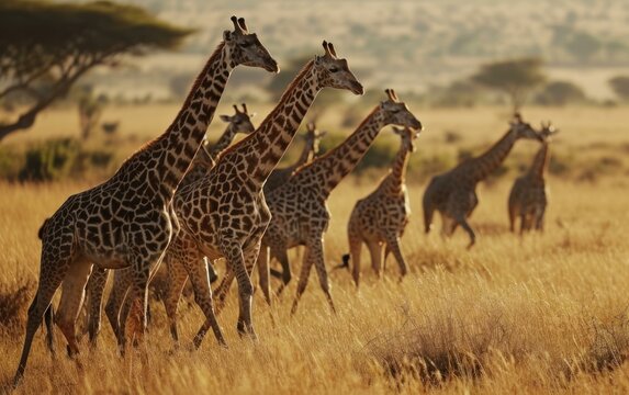 giraffes moving with synchronized through the savannah