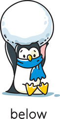 Preposition of place. Penguin below the snowball