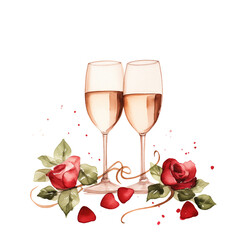 Watercolor Two Champagne Glasses Flutes with Roses leaves flowers Valentine's Day, Engagement, Wedding, Celebration, Illustration Isolated Graphic