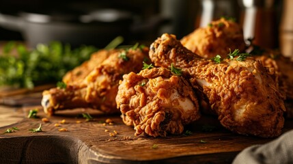 Buttermilk Fried Chicken Drumstick against a cozy kitchen counter - obrazy, fototapety, plakaty