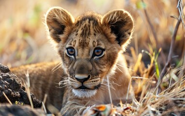 Close up shot of lion cub with curious eyes exploring its surroundings