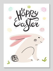 Modern happy Easter poster with hand drawn rabbit. Modern minimal style. Vertical Greeting Card.
