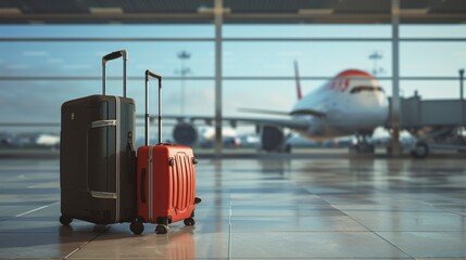 large suitcases in front of an airport window at dawn with planes in the background in high resolution and quality. international travel concept