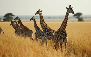 Obraz premium giraffes moving with synchronized through the savannah