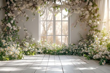 A room adorned with a plethora of flowers arranged neatly alongside a window overlooking the outside.