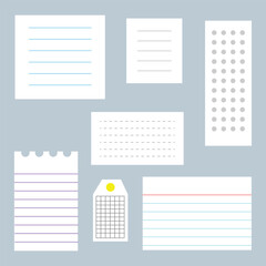 Memo pad paper. Different notebook sheets with clip. Realistic sheets isolated on background. EPS file 71.