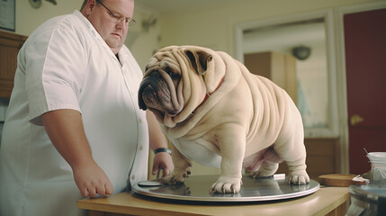 A large, fat, obese dog at a veterinarian's appointment in a clinic. Concept of care and concern for pets and obesity