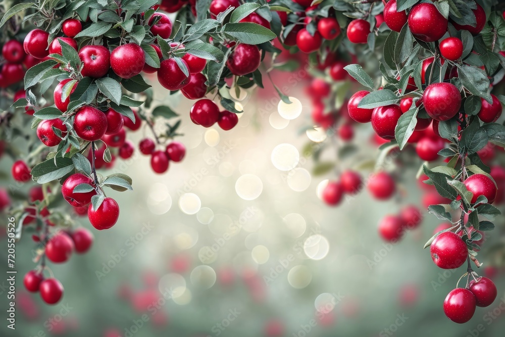 Poster a vibrant assortment of red apples hanging from the branches of a tree in a natural setting.