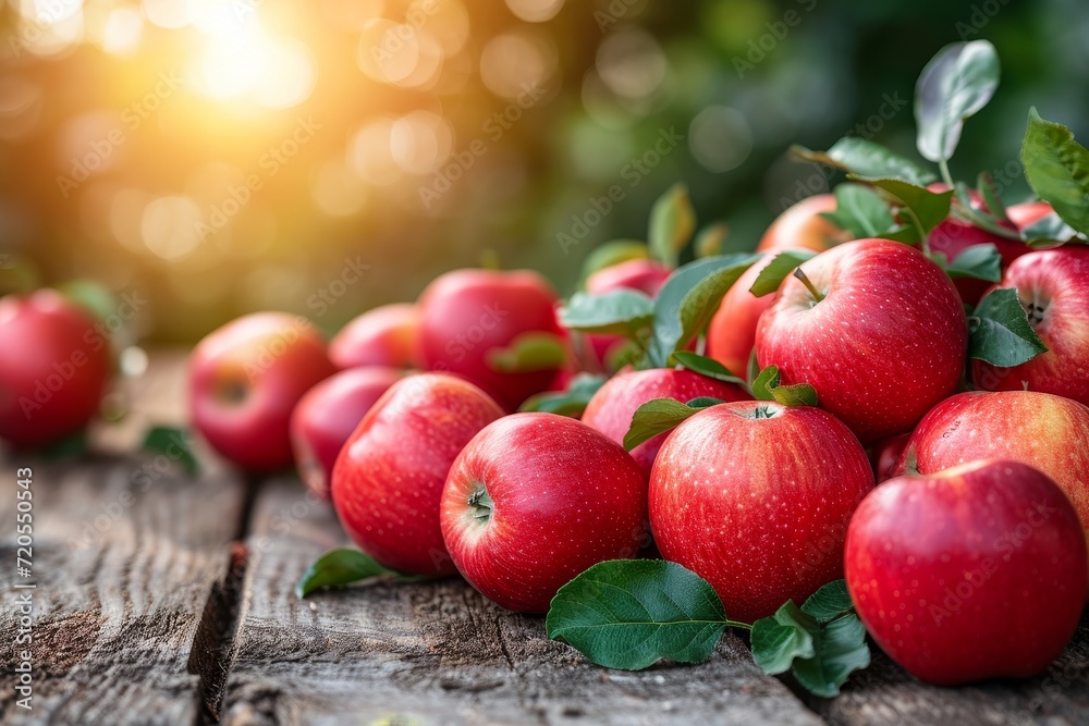 Poster a group of vibrant red apples arranged neatly on a wooden table.