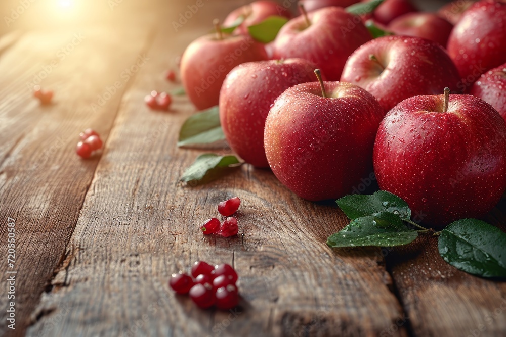 Poster a collection of ripe red apples arranged neatly on top of a sturdy wooden table in sunlight