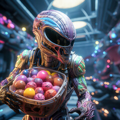 Alien from other planet is holding colorful Easter eggs in basket