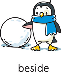 Preposition of place. Penguin beside the snowball