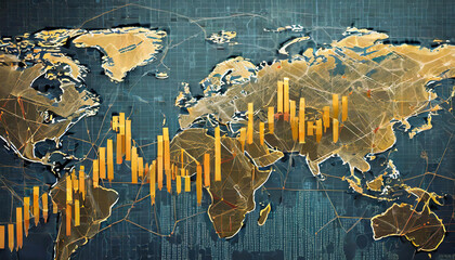 Graph of crypto currency on world map blue background