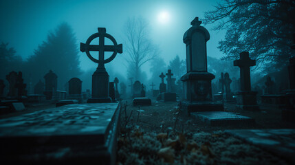 An old cemetery at night on Halloween with fog rolling over the tombstones and faint ghostly figures seen in the distance. The moon casts a pale light over the scene adding to the eerie atmosphere. - obrazy, fototapety, plakaty