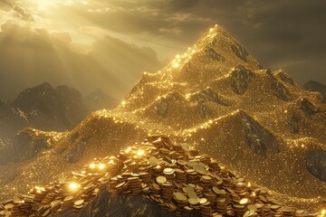 a mountain of shimmering gold coins - obrazy, fototapety, plakaty