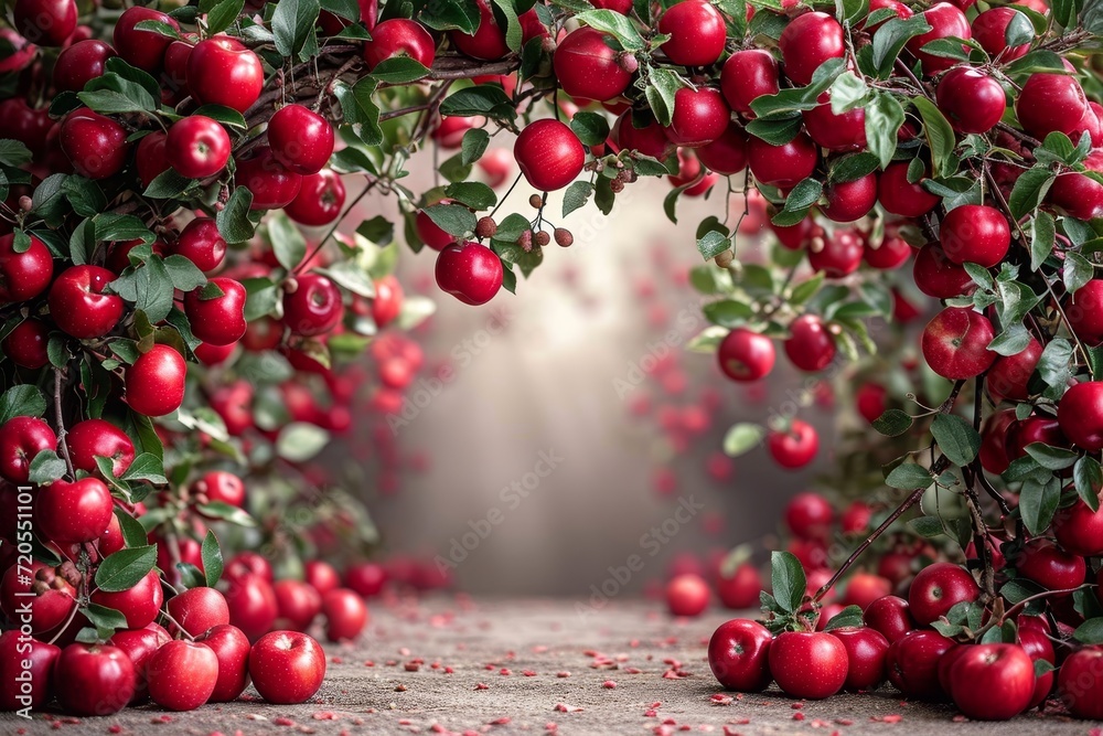 Poster a cluster of vibrant red apples hanging from the branches of a tree in sunny garden