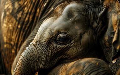  elephant calf resting against the protective presence of its mother