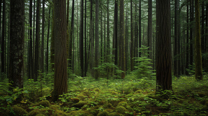 An old-growth forest with towering trees and a rich undergrowth.