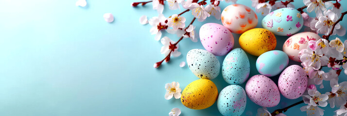 Colorful Easter eggs with spring cherry blossom flowers. Flat lay on a blue background. Stylish tender spring template with space for text. Greeting card or banner