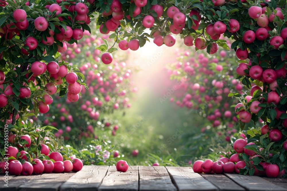 Poster A wooden table is adorned with numerous ripe red apples arranged neatly, creating a vibrant display.