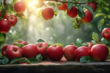 A collection of red apples neatly arranged on top of a sturdy wooden table.