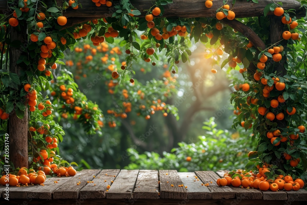 Poster A wooden table filled with a plentiful arrangement of fresh oranges.