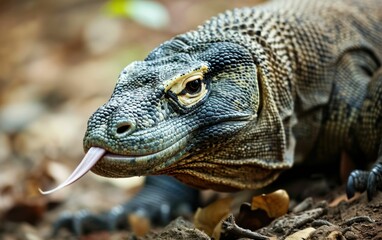 Fototapeta premium close up Shot of a Komodo dragon forked tongue
