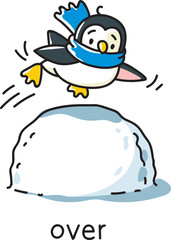 Preposition of place Penguin jumps over a snowball