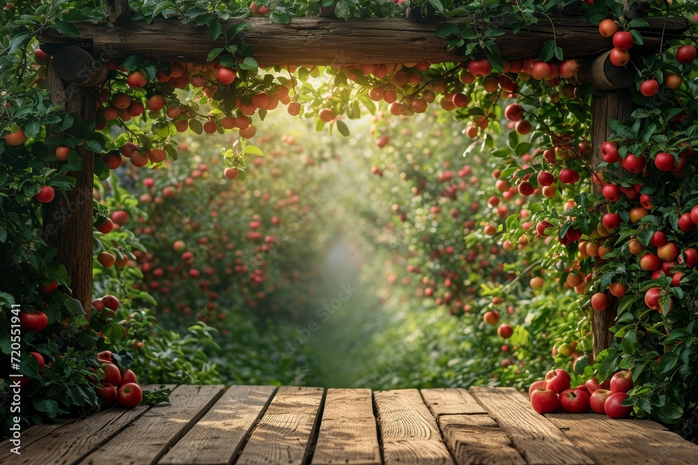 Poster a wooden table is adorned with a multitude of vibrant red apples.