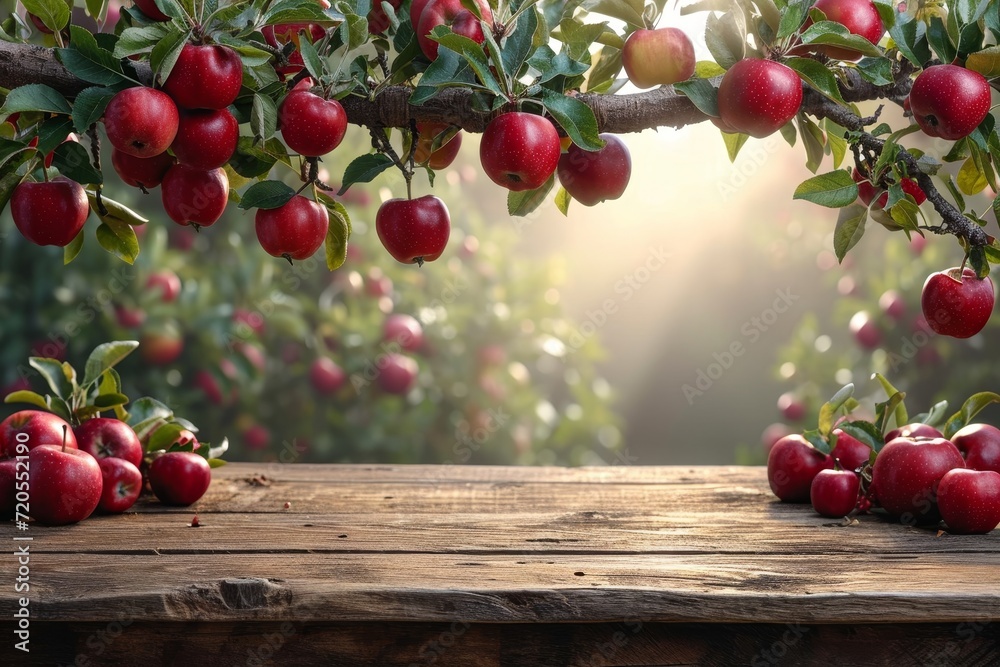 Poster a wooden table filled with a multitude of fresh red apples.