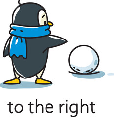 Preposition. Penguin and snowball on the right