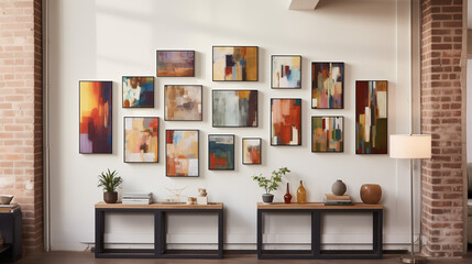 Modern Art Gallery Wall: A Collection of Abstract Paintings Displayed on a Brick Wall Interior with Chic Console Tables and Minimalist Decor.