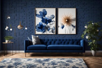 a contemporary living room featuring a deep blue sofa positioned beside a brick wall