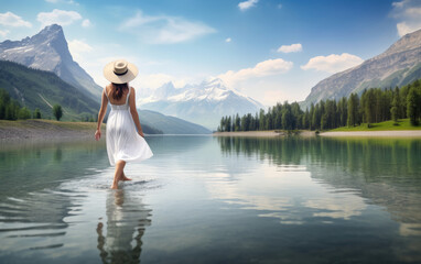 Women wear casual bohemian clothes. Take a walk on the lake with beautiful mountain and river views. travel concept