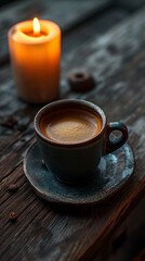 cup of coffee with a candle next to it