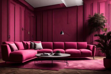 a contemporary living space featuring a sophisticated dark pink sofa set