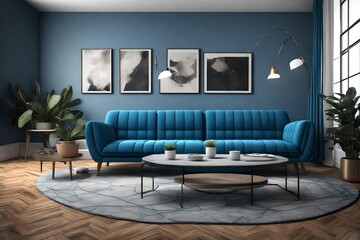 a 3D rendering of a living room interior featuring a blue sofa