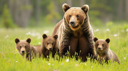 Obraz premium Mother Brown Bear with Cubs in the Wild.A protective mother brown bear watches over her curious cubs in a lush green meadow, a peaceful moment in the wild.