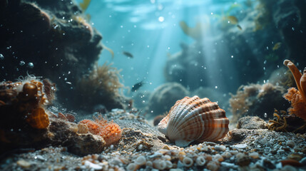 An underwater scene of seashells on the ocean floor surrounded by coral and marine life captured with a sense of deep-sea mystery.
