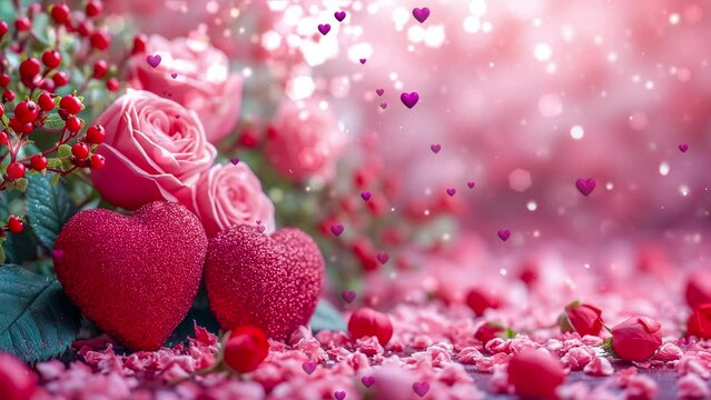 Hearts and roses flowers. Romantic video greeting card. Looping video for live wallpaper	
