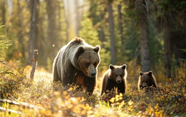 Shot of a grizzly family foraging for food in a sunlit forest glade