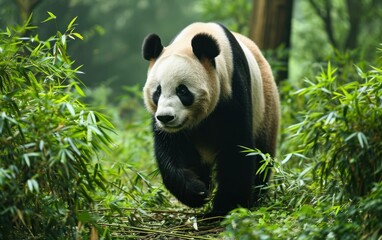 panda gracefully walking through a serene bamboo thicket