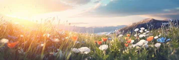 Orange purple blue Flowers over Greenery Meadow Banner Background. Colorful spring panoramic colorful wildflowers at green field, sunset sky sun rays background bokeh. Copy space
