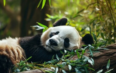 Panda napping in bamboo groves