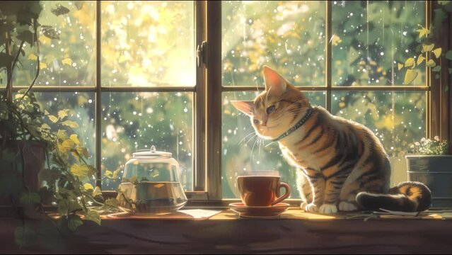 An enchanting tabby cat sits peacefully by the window, basking in the golden sunlight, with a coffee  and cup adding warmth to the serene morning drinking coffee