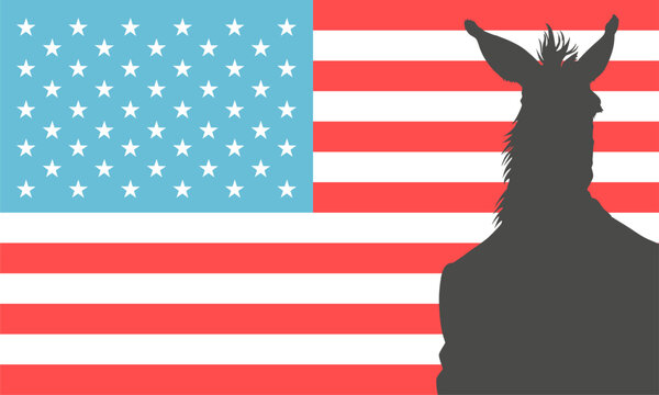 Politician is associated with a donkey. Anthropomorphized donkey wearing an suit. Represents democratic party. USA presidential election. National flag on backdrop