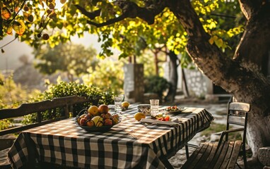 Outdoor dining table set with a checkered cloth and fresh fruits