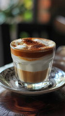 Coffee and cappuccino cups on a table with milk, froth, and chocolate, creating a delightful breakfast scene in a cozy cafe